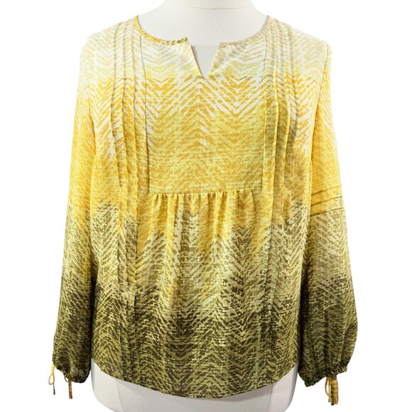 Coldwater Creek Yellow Olive Green Ombre Chevron Pleated Blouse Earthy Boho - Picture 1 of 9